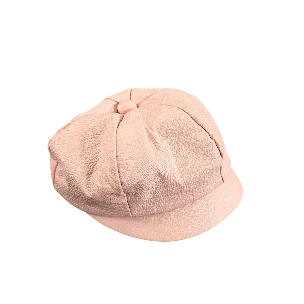 VTG 70s Pink Faux Leather Newsboy Cap Quilted Lined Hat Union Made Cottage Core